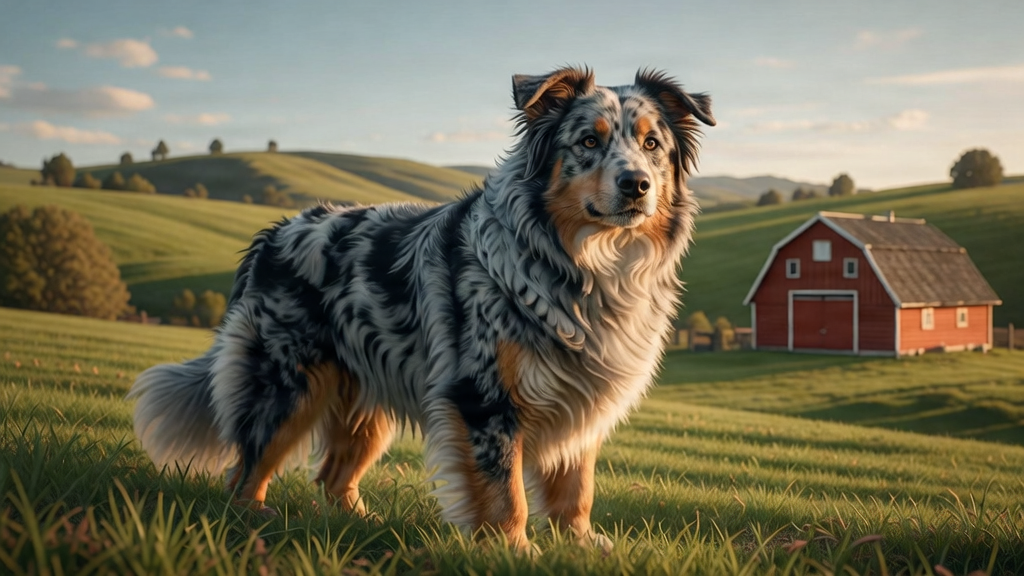 A beautiful Australian Shepherd standing in a lush green farm field in Tennessee.