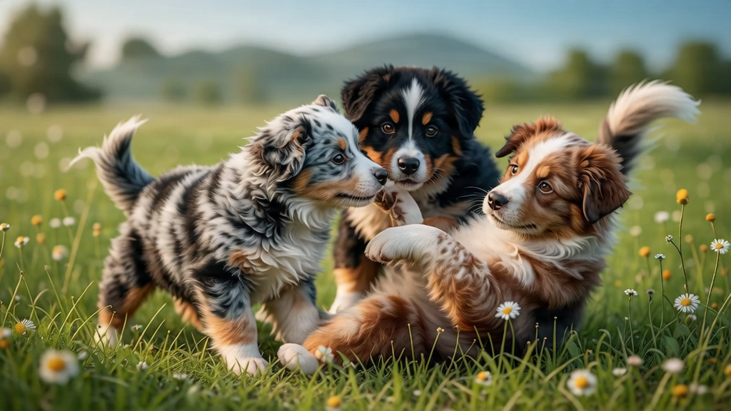 A group of adorable Australian Shepherd puppies playing together.