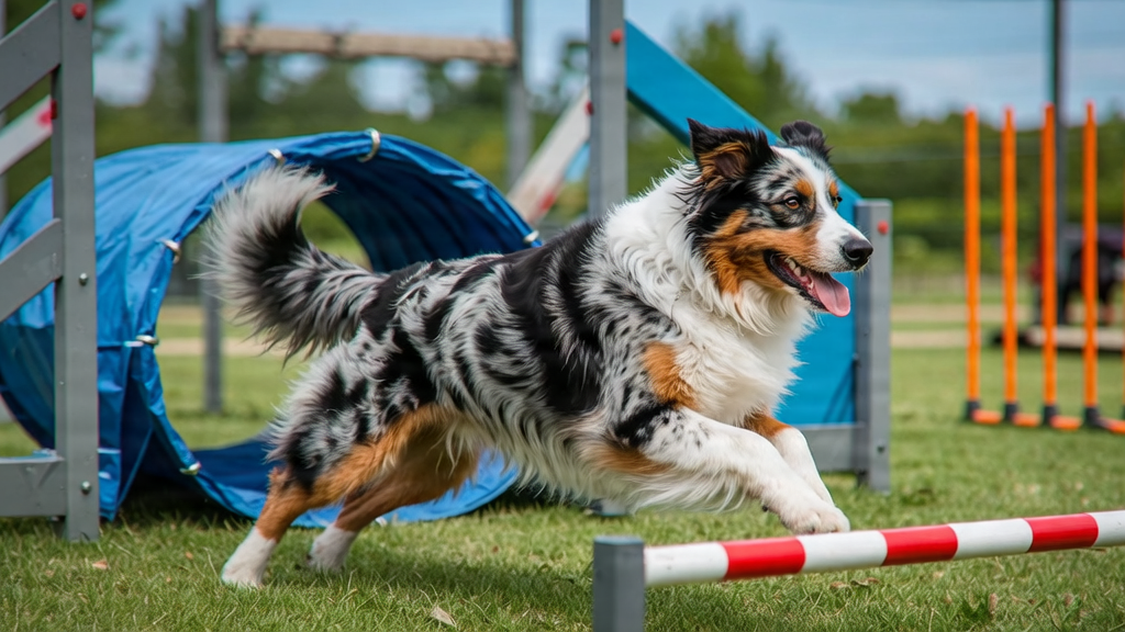 An Australian Shepherd showing its intelligence and agility.
